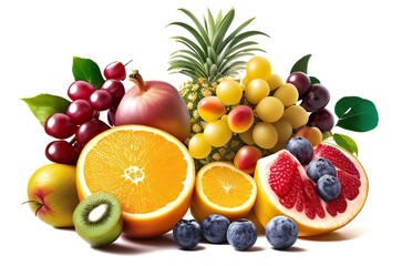 Summer combined fruits consist of pineapple, grapes, kiwis, berries and oranges split on a white background. AI-generated images