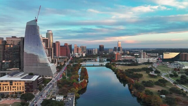 Fly Back Over Cityscape With Block 185 Skyscraper In Downtown Austin, Texas. Aerial Pullback