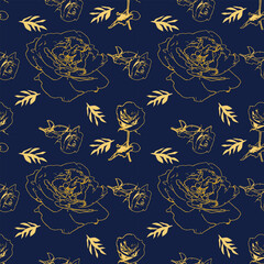 Rose flower seamless pattern on dark blue background.