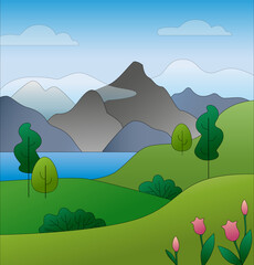 Fototapeta premium Mountains with lake landscape. Vector illustration.
