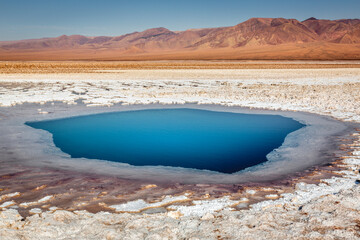 Fototapeta na wymiar Salt lake, volcanic landscape at sunrise, Atacama, Chile border with Bolivia