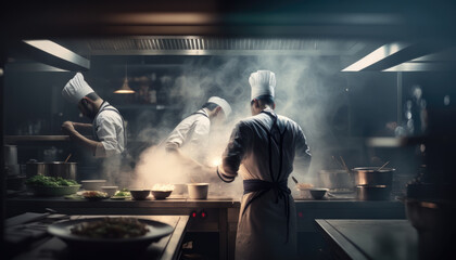 Gourmet chefs in uniform cook in the kitchen. Generative AI