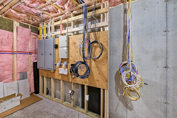 Basement mechanical room with electrical, plumbing and network systems