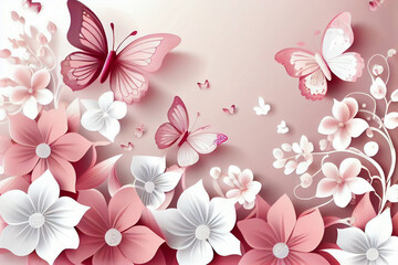 pink butterflies and white and pink flowers, springtime, pink background