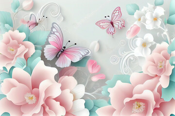 Fototapeta na wymiar pink butterflies and white and pink flowers, springtime, blue background