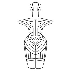 Female figurine of a goddess with geometrical ornament on body. Neolithic pagan idol from Cucuteni, Romania. Trypillia or Tripolye culture. Great Mother archetype. Black and white linear silhouette.