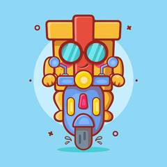 cool cardboard box character mascot riding scooter motorcycle isolated cartoon in flat style design