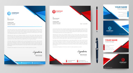 Professional creative letterhead and business card template. Modern a4 Business Letterhead Design. Red and Blue. Corporate business card branding identity. Vector	
