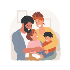 Family hugs isolated cartoon vector illustration. Parents hugging two children, family happy moment, winter holiday, leisure time, express love, sharing hugs, relationship vector cartoon.