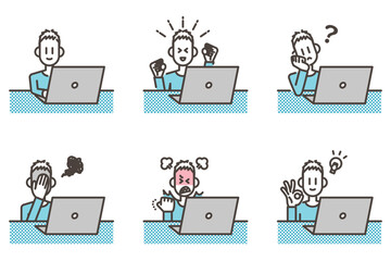Emotional variations of a boy looking at a laptop computer [Vector illustration].
