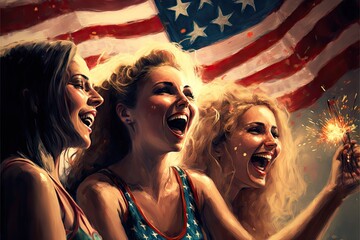 Group of girls celebrating American holiday. Generative ai