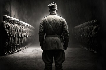 Soldier standing at attention with platoon in rain. Black and White. Generative Ai