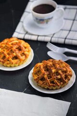 Tea time with apple pie on back marble table