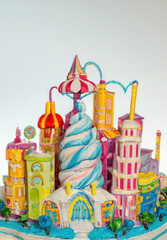 Obraz premium Cityscape skyscrapers and buildings made from candy and ice-cream. Isolated against a blank background. Generative AI art illustration.