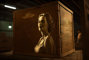 old wooden box crate with portrait of a woman, space for copy, ai