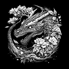 White wooden dragon on a black background. Chinese horoscope symbol. Print for a T-shirt, cover, card. Detailed. Illustration generated AI.