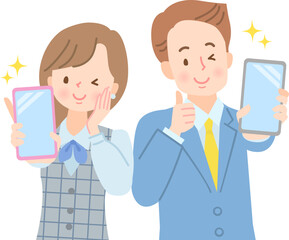 スマホの画面を見せる男女の表情セット
