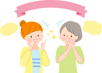 Obraz premium 紹介する若い女性と喜ぶシニア女性