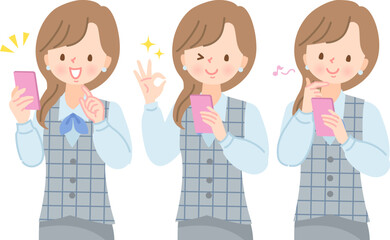 スマホを使う笑顔の女性の表情セット