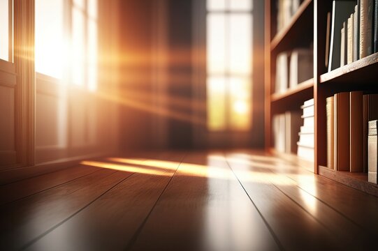 The golden morning sun shone through the interior of the library with bookshelf scenes and brown wooden floors. AI-generated images
