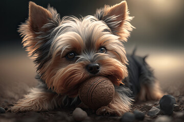 Naklejka premium Cute and happy Yorkshire Terrier, yorkie, with a ball at the park 