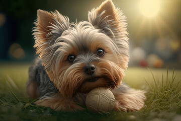 Cute and happy Yorkshire Terrier, yorkie, with a ball at the park 