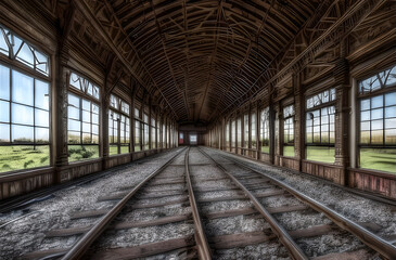 Fototapeta na wymiar Old abandoned empty railroad train depot building, HDR image.