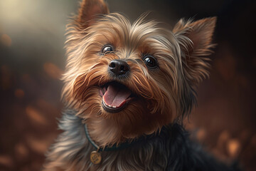 Naklejka premium Cute and happy Yorkshire Terrier, yorkie, with mouth open, smiling