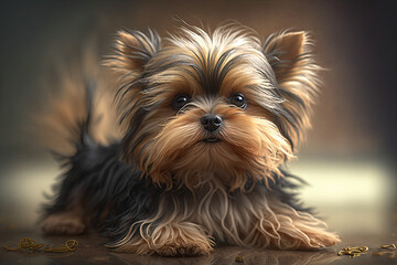 A close-up shot of a cute Yorkshire Terrier, yorkie, being calm.