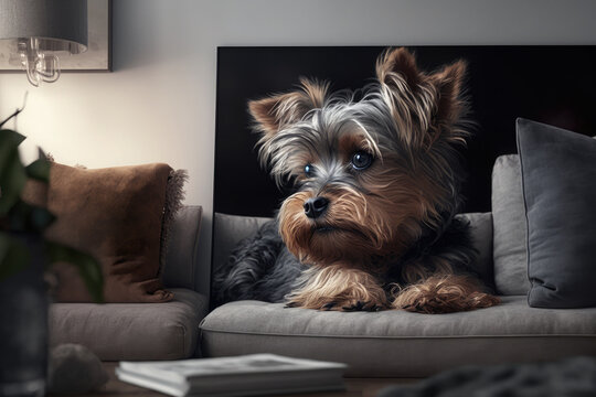 A painting of a cute Yorkshire Terrier, yorkie, in a livingroom.