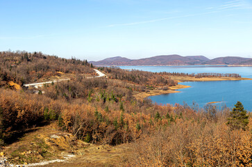 Fototapeta na wymiar Panoramic view of artificial Lake Plastiras (Prefecture of Karditsa, Thessaly, Greece)