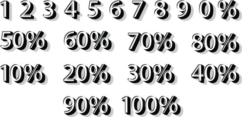 Isometric 3D numbers. Discount percentage numbers in multiples of 10 also. Can be colored with color mask to match background.