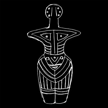 Female figurine of a goddess with geometrical ornament on body. Neolithic pagan idol from Cucuteni, Romania. Trypillia or Tripolye culture. Hand drawn sketch. White silhouette on black background.