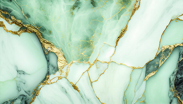 Luxury pastel green, gold and white pattern of marble. background with texture for product design. Generative AI.