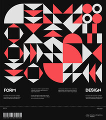 Swiss poster design template layout with clean typography and minimal vector pattern with colorful abstract geometric shapes. Bold form graphic design, useful for album print,website header,web banner