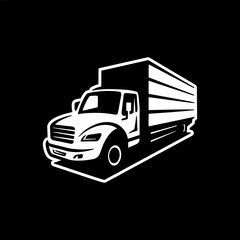 Freight truck line art illustration. Box truck vector icon on dark background