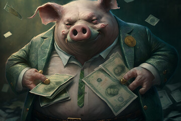 Filthy rich pig is fat and cashed up, lots of money in his pockets, greedy corporation manager, illustration, swine, portrait, close up, drawing, cartoon, satire