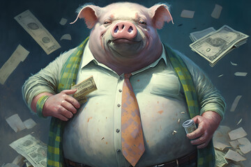 Filthy rich pig is fat and cashed up, lots of money in his pockets, greedy corporation manager, illustration, swine, portrait, close up, drawing, cartoon, satire
