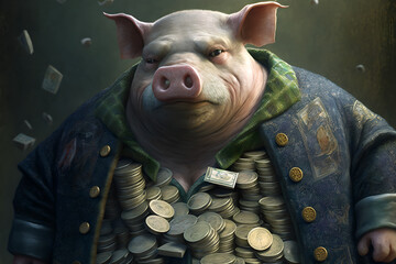 Filthy rich pig is fat and cashed up, lots of money in his pockets, greedy corporation manager, illustration, swine, portrait, close up, drawing, cartoon, satire