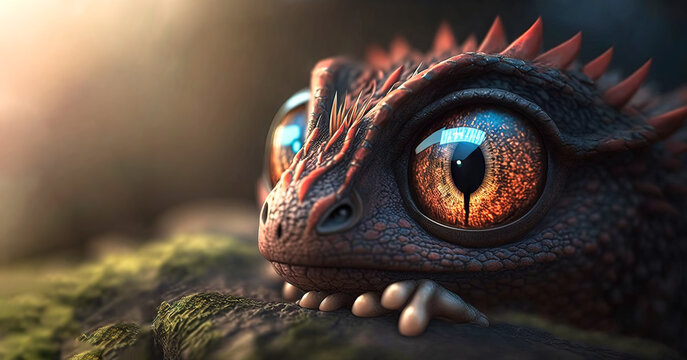 Cute baby dragon with big eyes looking and alert.  Year of the dragon 2024. Image created with generative ai.