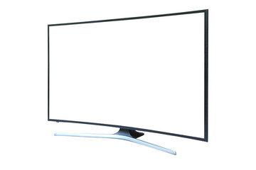 Curved TV 4K flat screen lcd or oled, plasma realistic, White blank HD monitor mockup, Modern video panel white flatscreen on isolated background.