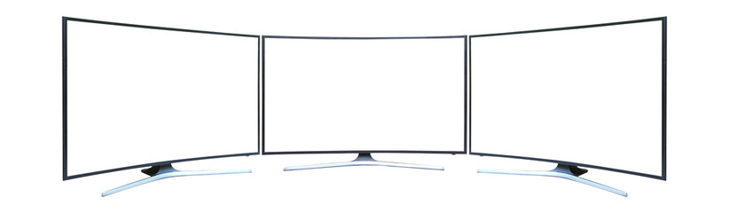 Curved TV 4K flat screen lcd or oled, plasma realistic, White blank HD monitor mockup, Modern video panel white flatscreen on isolated background.