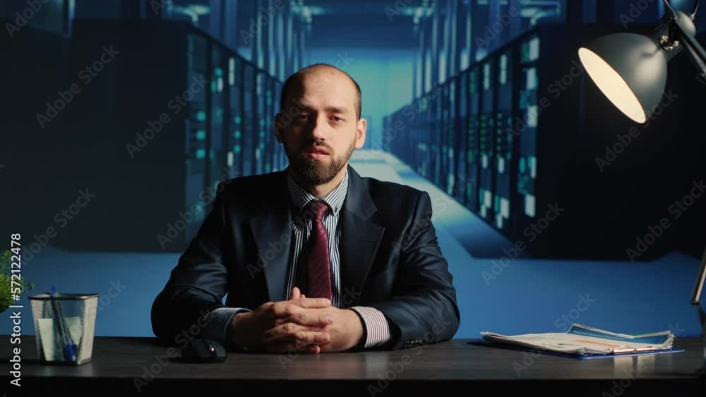 Poster pov of database admin talking on remote videocall in data center storage room, technician working in