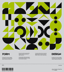 Swiss poster design template layout with clean typography and minimal vector pattern with colorful abstract geometric shapes. Bold form graphic design, useful for album print,website header,web banner
