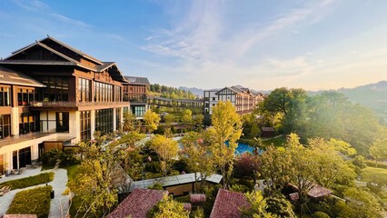 View of the resort, the setting sun