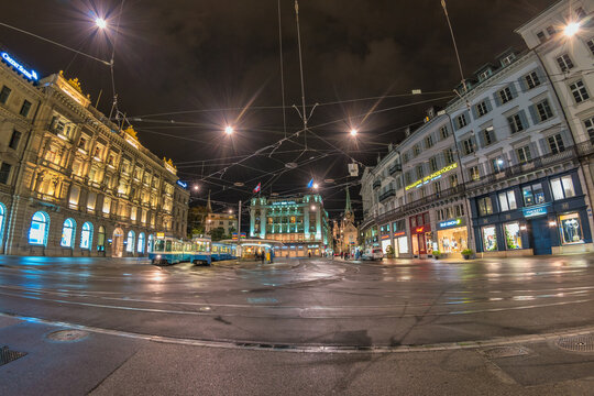 Zurich, Switzerland - May 15, 2017: night city skyline and tram at Paradeplatz