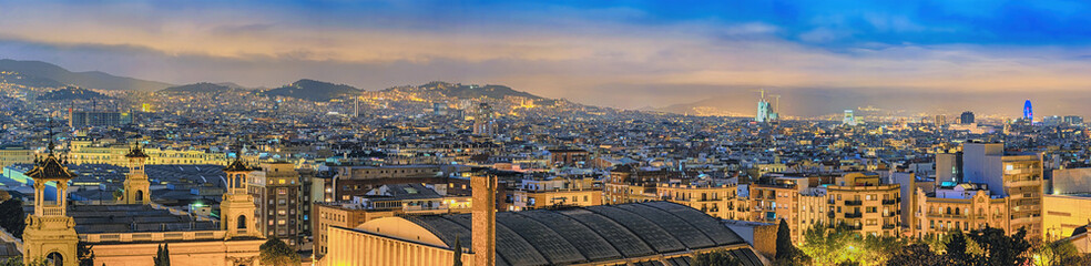 Barcelona Spain, high angle view night panorama city skyline at city center