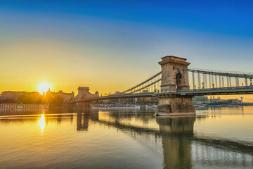 Fototapeta premium Budapest Hungary, city skyline sunrise at Danube River with Chain Bridge and St. Stephen's Basilica