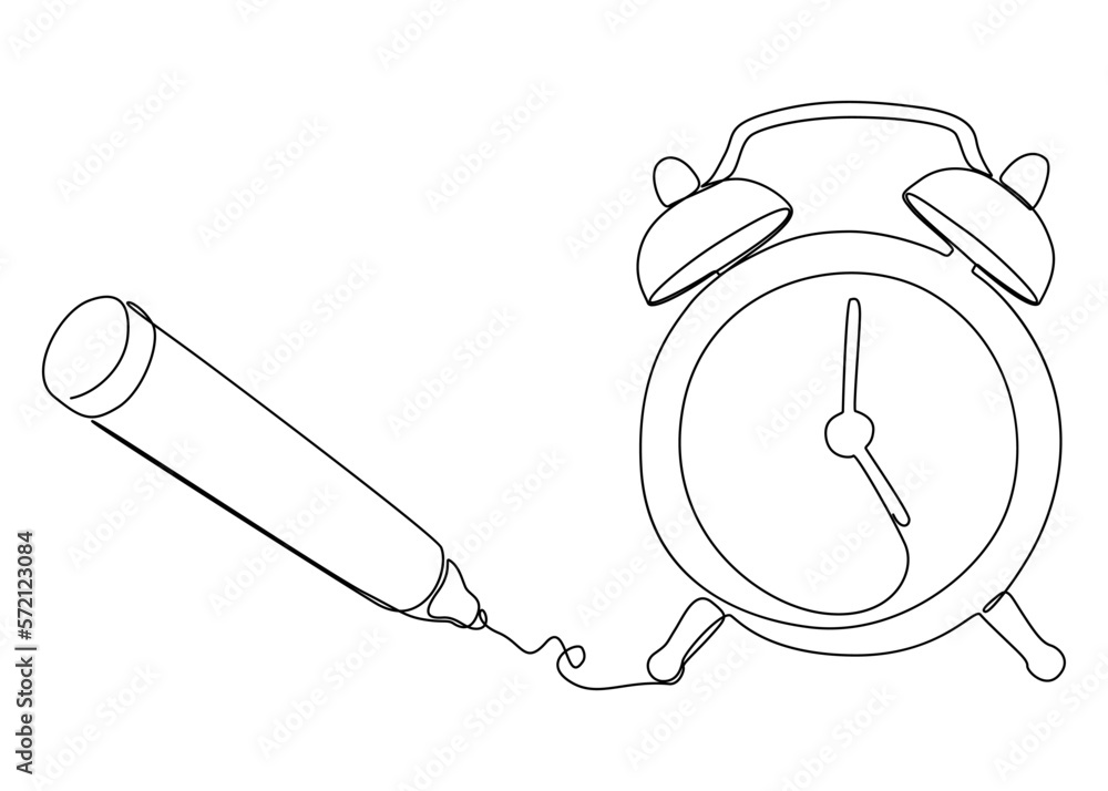 Poster one continuous line of alarm clock drawn with a pencil, felt tip pen. thin line illustration vector 