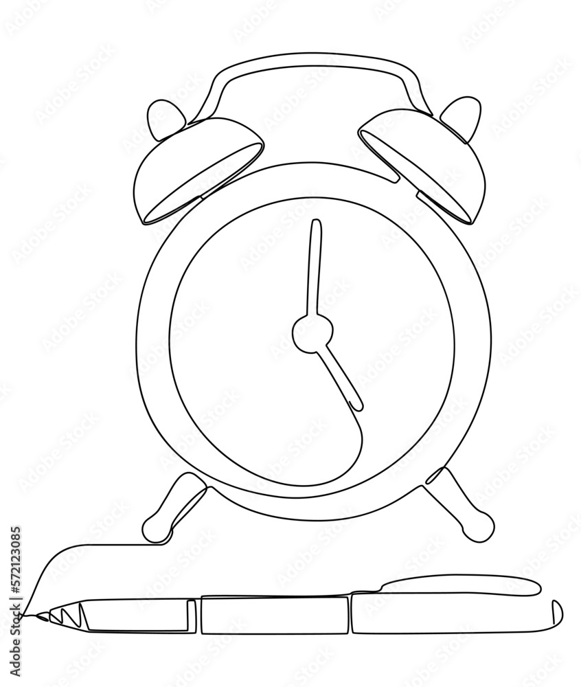 Poster one continuous line of alarm clock drawn with a pencil, felt tip pen. thin line illustration vector 